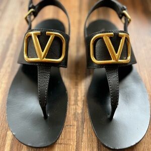 Valentino Black Leather V-Logo T-Strap Sandals with Gold Hardware